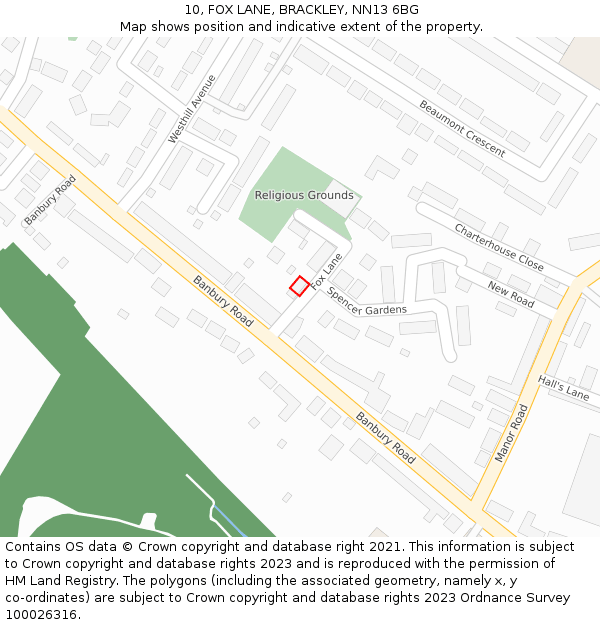 10, FOX LANE, BRACKLEY, NN13 6BG: Location map and indicative extent of plot