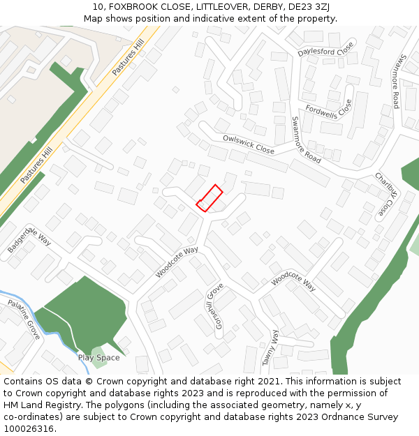 10, FOXBROOK CLOSE, LITTLEOVER, DERBY, DE23 3ZJ: Location map and indicative extent of plot