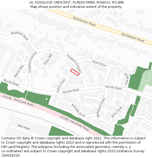 10, FOXGLOVE CRESCENT, PURDIS FARM, IPSWICH, IP3 8RE: Location map and indicative extent of plot