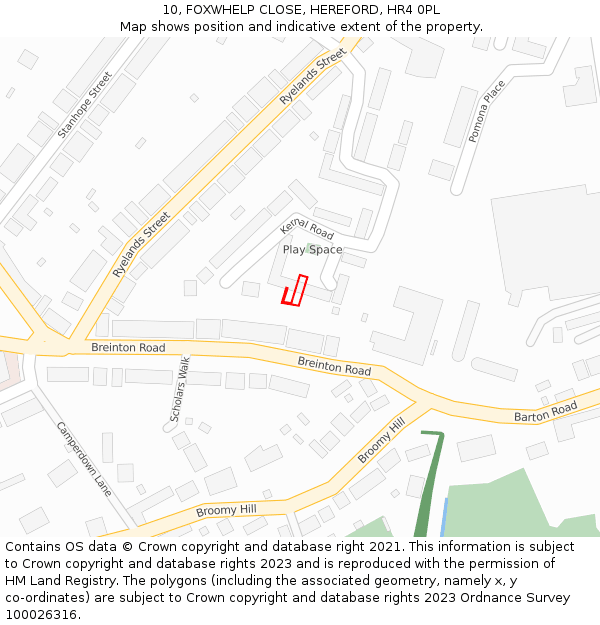 10, FOXWHELP CLOSE, HEREFORD, HR4 0PL: Location map and indicative extent of plot