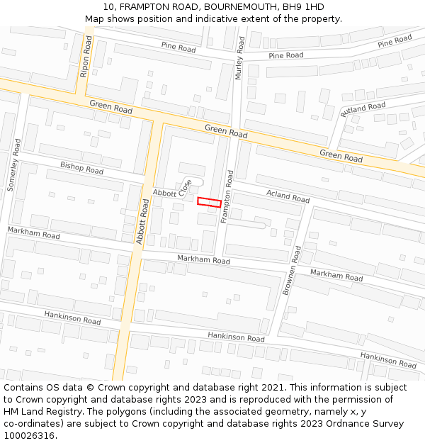 10, FRAMPTON ROAD, BOURNEMOUTH, BH9 1HD: Location map and indicative extent of plot