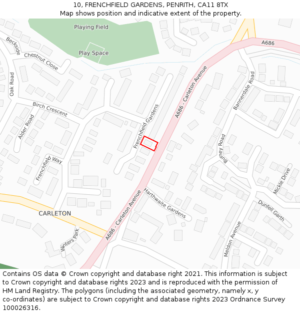 10, FRENCHFIELD GARDENS, PENRITH, CA11 8TX: Location map and indicative extent of plot