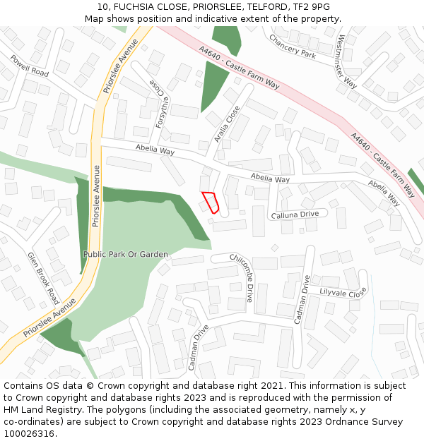 10, FUCHSIA CLOSE, PRIORSLEE, TELFORD, TF2 9PG: Location map and indicative extent of plot