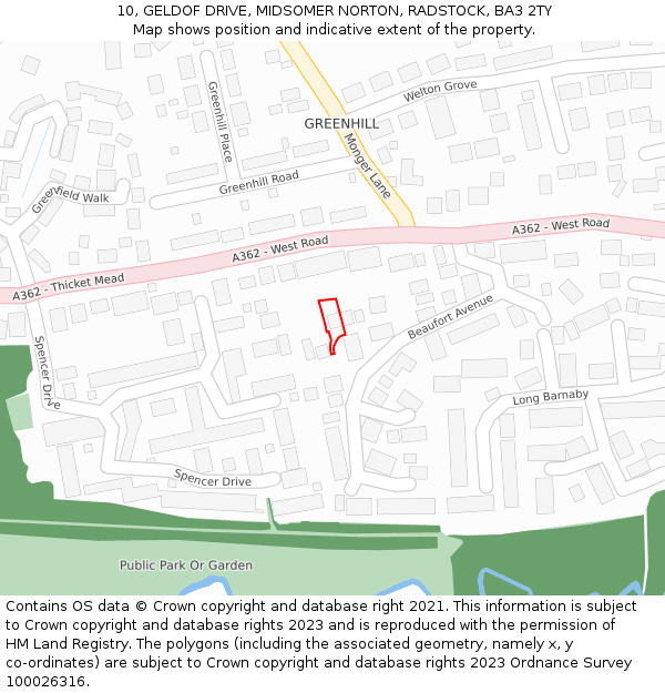 10, GELDOF DRIVE, MIDSOMER NORTON, RADSTOCK, BA3 2TY: Location map and indicative extent of plot