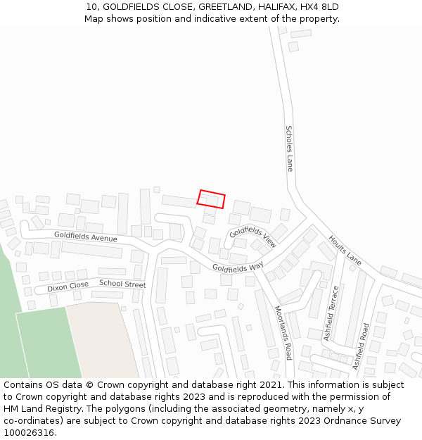 10, GOLDFIELDS CLOSE, GREETLAND, HALIFAX, HX4 8LD: Location map and indicative extent of plot