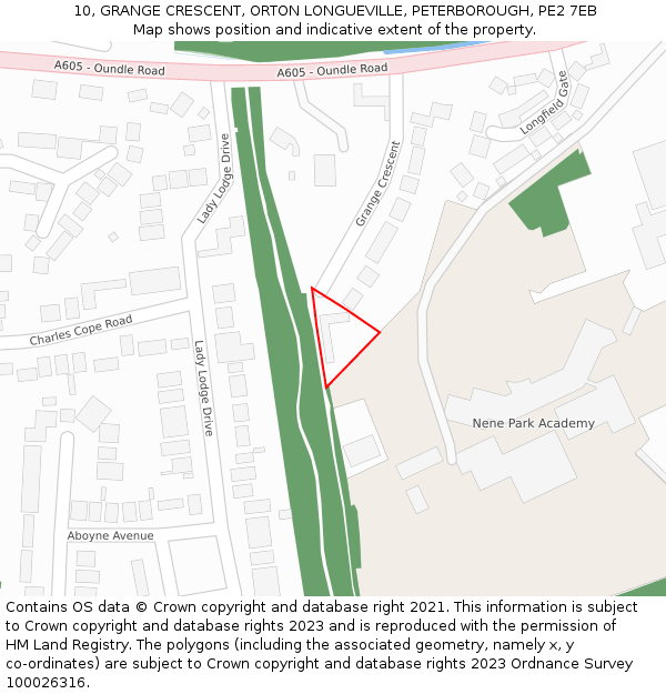 10, GRANGE CRESCENT, ORTON LONGUEVILLE, PETERBOROUGH, PE2 7EB: Location map and indicative extent of plot
