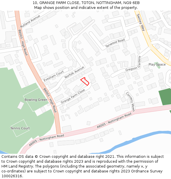 10, GRANGE FARM CLOSE, TOTON, NOTTINGHAM, NG9 6EB: Location map and indicative extent of plot