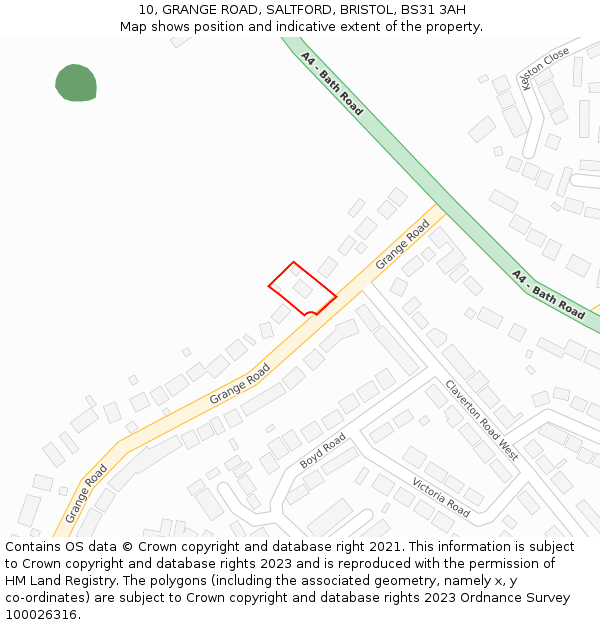 10, GRANGE ROAD, SALTFORD, BRISTOL, BS31 3AH: Location map and indicative extent of plot