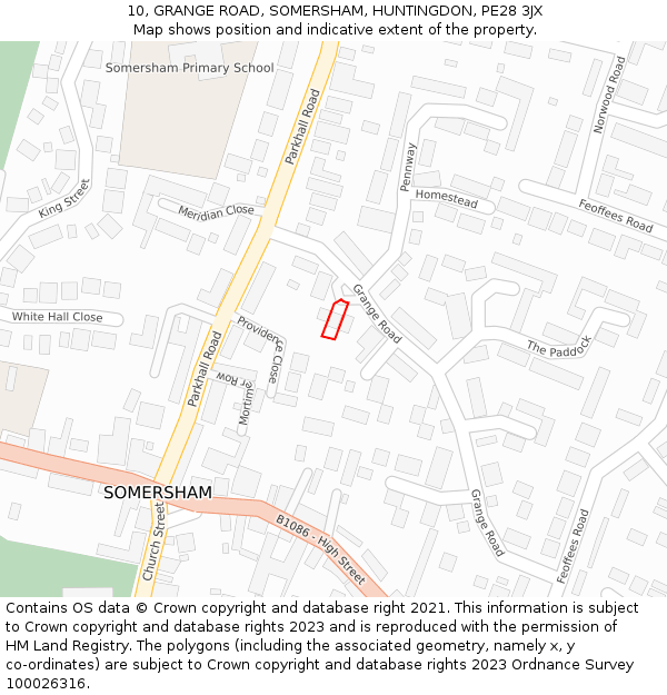 10, GRANGE ROAD, SOMERSHAM, HUNTINGDON, PE28 3JX: Location map and indicative extent of plot