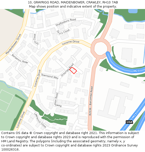 10, GRAYRIGG ROAD, MAIDENBOWER, CRAWLEY, RH10 7AB: Location map and indicative extent of plot