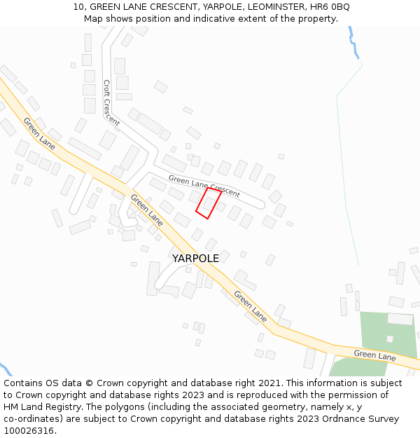 10, GREEN LANE CRESCENT, YARPOLE, LEOMINSTER, HR6 0BQ: Location map and indicative extent of plot