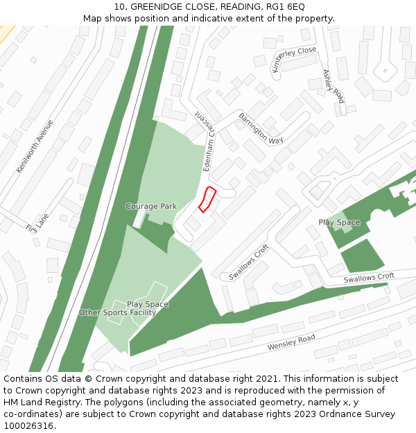 10, GREENIDGE CLOSE, READING, RG1 6EQ: Location map and indicative extent of plot