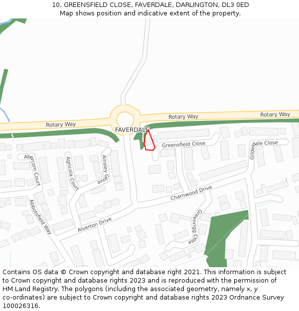 10, GREENSFIELD CLOSE, FAVERDALE, DARLINGTON, DL3 0ED: Location map and indicative extent of plot