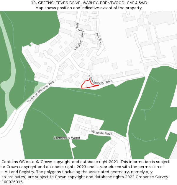 10, GREENSLEEVES DRIVE, WARLEY, BRENTWOOD, CM14 5WD: Location map and indicative extent of plot