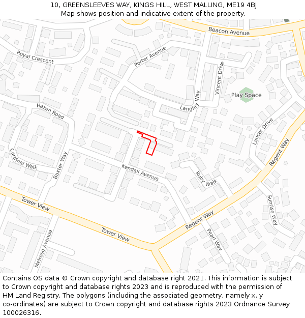 10, GREENSLEEVES WAY, KINGS HILL, WEST MALLING, ME19 4BJ: Location map and indicative extent of plot