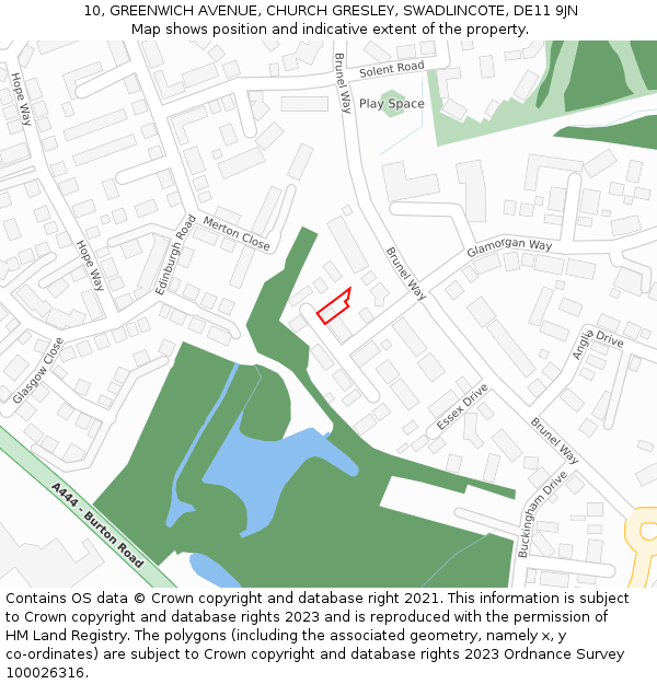 10, GREENWICH AVENUE, CHURCH GRESLEY, SWADLINCOTE, DE11 9JN: Location map and indicative extent of plot