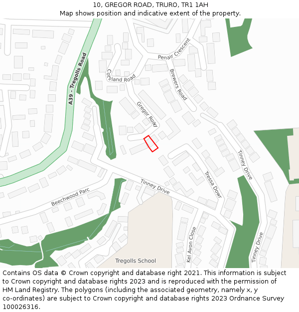 10, GREGOR ROAD, TRURO, TR1 1AH: Location map and indicative extent of plot