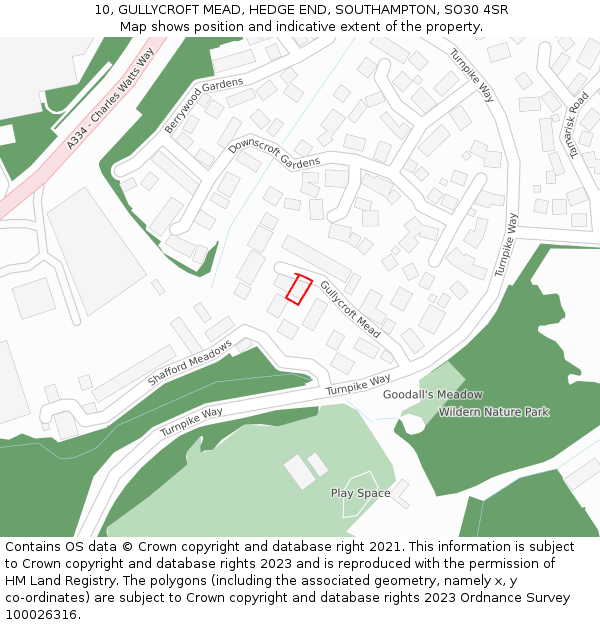 10, GULLYCROFT MEAD, HEDGE END, SOUTHAMPTON, SO30 4SR: Location map and indicative extent of plot