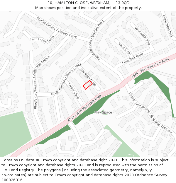10, HAMILTON CLOSE, WREXHAM, LL13 9QD: Location map and indicative extent of plot