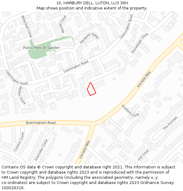 10, HARBURY DELL, LUTON, LU3 3XH: Location map and indicative extent of plot