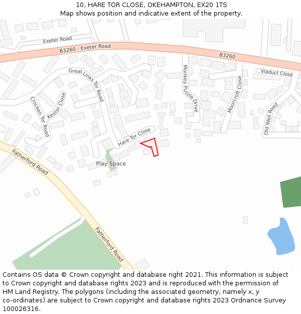 10, HARE TOR CLOSE, OKEHAMPTON, EX20 1TS: Location map and indicative extent of plot