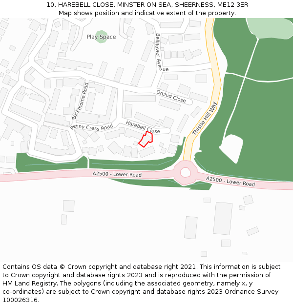 10, HAREBELL CLOSE, MINSTER ON SEA, SHEERNESS, ME12 3ER: Location map and indicative extent of plot