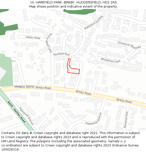 10, HAREFIELD PARK, BIRKBY, HUDDERSFIELD, HD2 2AS: Location map and indicative extent of plot