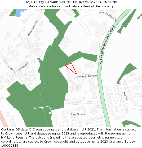 10, HARLEQUIN GARDENS, ST LEONARDS-ON-SEA, TN37 7PF: Location map and indicative extent of plot