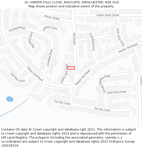 10, HARPER FOLD CLOSE, RADCLIFFE, MANCHESTER, M26 3UQ: Location map and indicative extent of plot