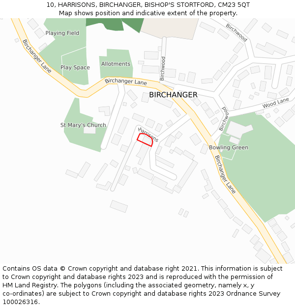 10, HARRISONS, BIRCHANGER, BISHOP'S STORTFORD, CM23 5QT: Location map and indicative extent of plot
