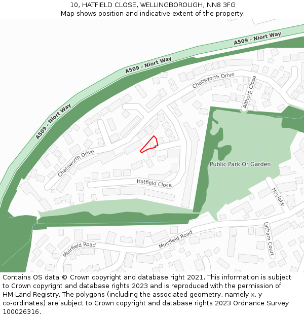 10, HATFIELD CLOSE, WELLINGBOROUGH, NN8 3FG: Location map and indicative extent of plot