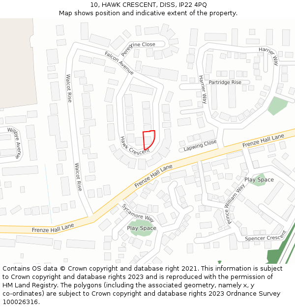 10, HAWK CRESCENT, DISS, IP22 4PQ: Location map and indicative extent of plot