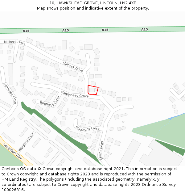 10, HAWKSHEAD GROVE, LINCOLN, LN2 4XB: Location map and indicative extent of plot