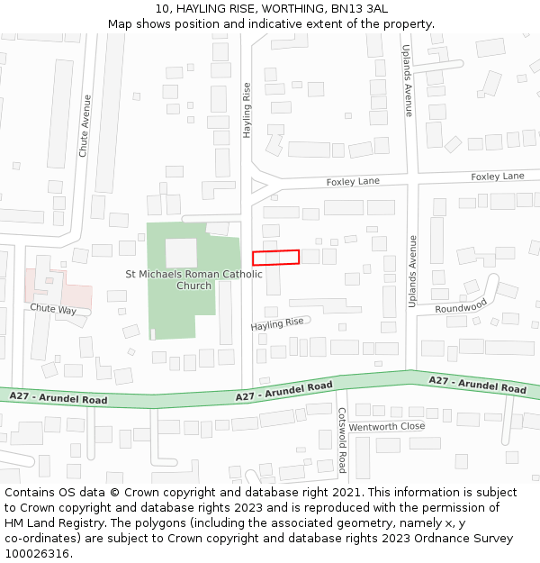 10, HAYLING RISE, WORTHING, BN13 3AL: Location map and indicative extent of plot