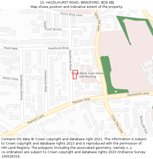10, HAZELHURST ROAD, BRADFORD, BD9 6BJ: Location map and indicative extent of plot