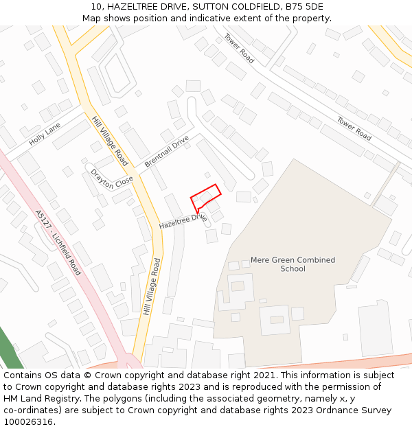 10, HAZELTREE DRIVE, SUTTON COLDFIELD, B75 5DE: Location map and indicative extent of plot