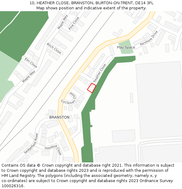 10, HEATHER CLOSE, BRANSTON, BURTON-ON-TRENT, DE14 3FL: Location map and indicative extent of plot