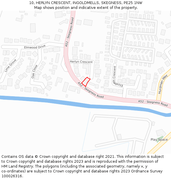 10, HERLYN CRESCENT, INGOLDMELLS, SKEGNESS, PE25 1NW: Location map and indicative extent of plot