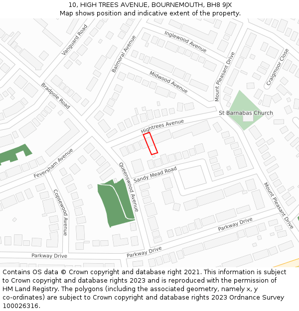 10, HIGH TREES AVENUE, BOURNEMOUTH, BH8 9JX: Location map and indicative extent of plot