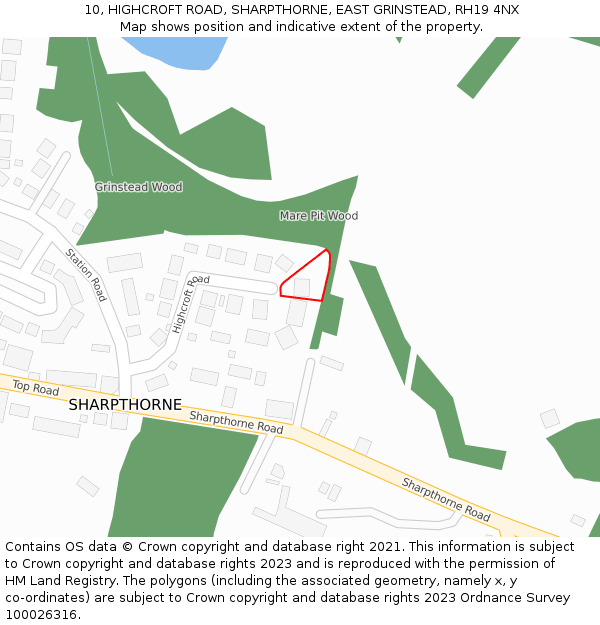 10, HIGHCROFT ROAD, SHARPTHORNE, EAST GRINSTEAD, RH19 4NX: Location map and indicative extent of plot