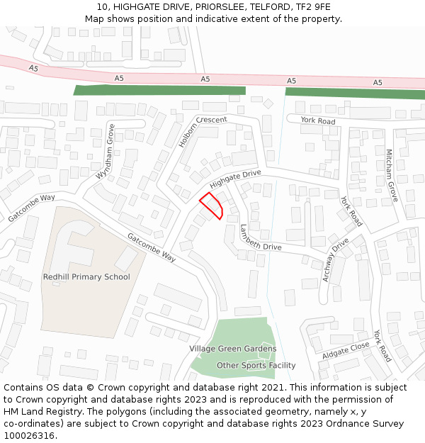 10, HIGHGATE DRIVE, PRIORSLEE, TELFORD, TF2 9FE: Location map and indicative extent of plot