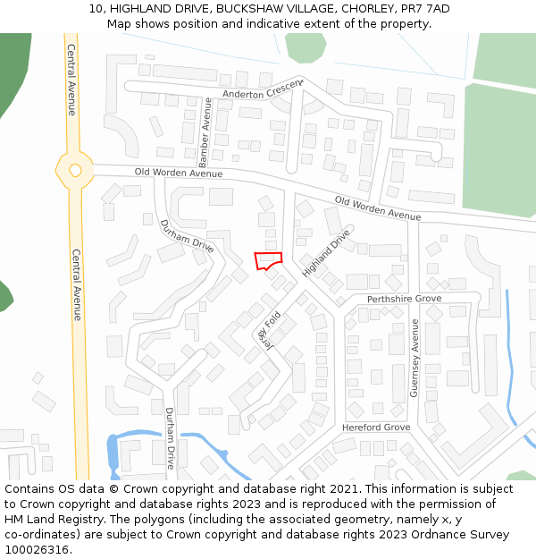 10, HIGHLAND DRIVE, BUCKSHAW VILLAGE, CHORLEY, PR7 7AD: Location map and indicative extent of plot