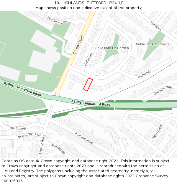 10, HIGHLANDS, THETFORD, IP24 1JE: Location map and indicative extent of plot