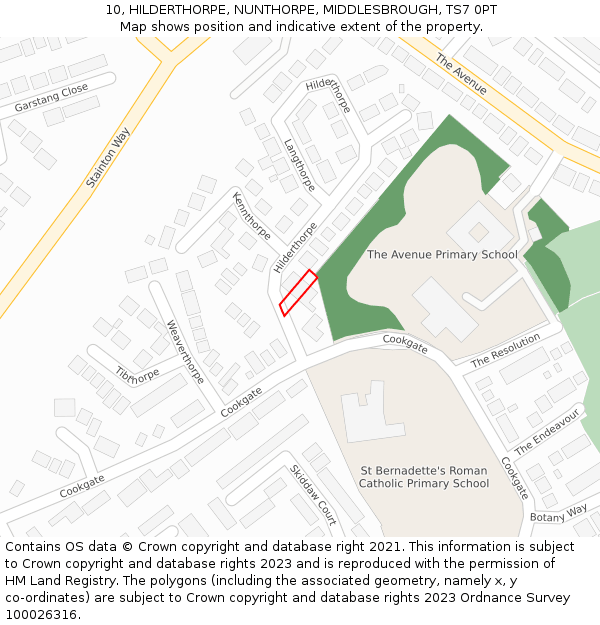10, HILDERTHORPE, NUNTHORPE, MIDDLESBROUGH, TS7 0PT: Location map and indicative extent of plot