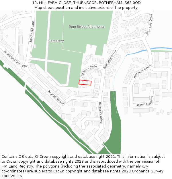 10, HILL FARM CLOSE, THURNSCOE, ROTHERHAM, S63 0QD: Location map and indicative extent of plot