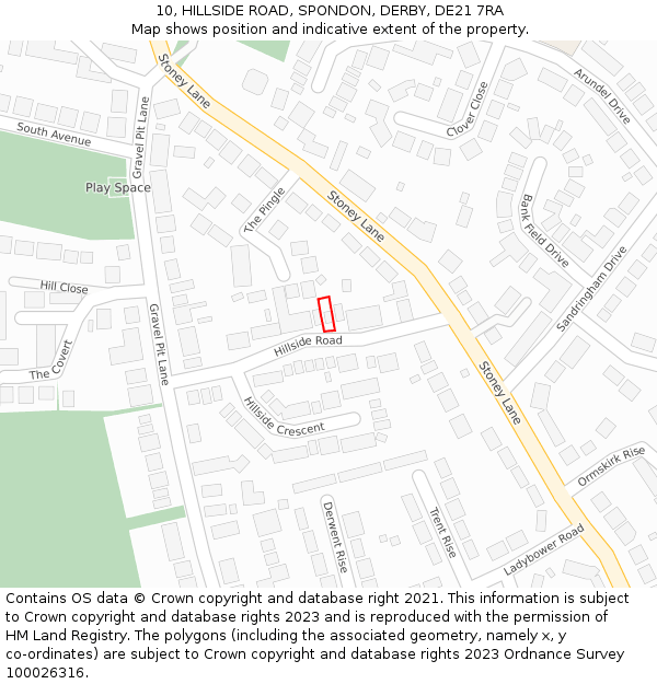 10, HILLSIDE ROAD, SPONDON, DERBY, DE21 7RA: Location map and indicative extent of plot