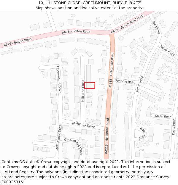 10, HILLSTONE CLOSE, GREENMOUNT, BURY, BL8 4EZ: Location map and indicative extent of plot