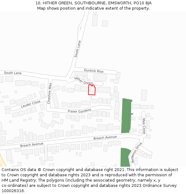 10, HITHER GREEN, SOUTHBOURNE, EMSWORTH, PO10 8JA: Location map and indicative extent of plot