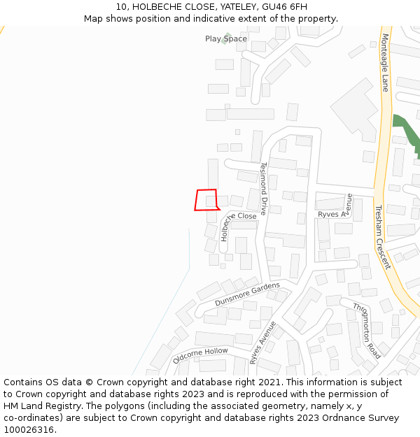 10, HOLBECHE CLOSE, YATELEY, GU46 6FH: Location map and indicative extent of plot
