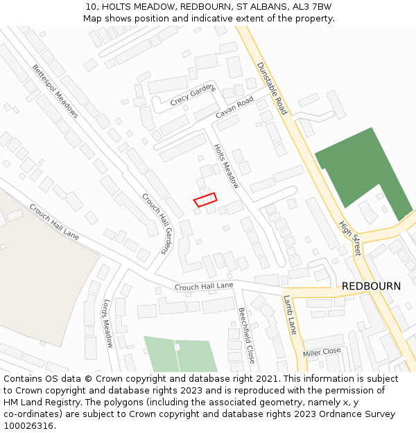 10, HOLTS MEADOW, REDBOURN, ST ALBANS, AL3 7BW: Location map and indicative extent of plot